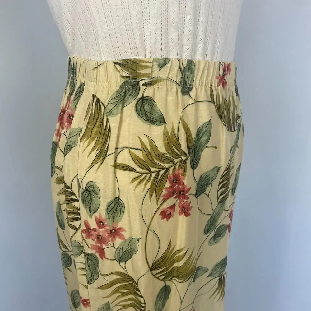 Vintage Midi Skirt Size Small Cream Yellow Floral Print Tropical Boho Linen 90s